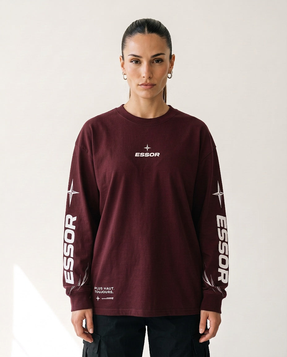 Langarmshirt «Envol», Bordeaux, Damen-Model, von vorne