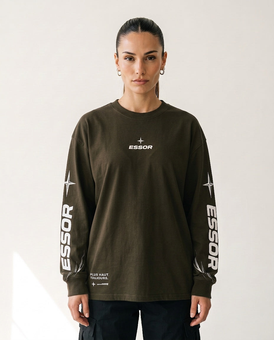 Langarmshirt «Envol», Olivgrün, Damen-Model, von vorne
