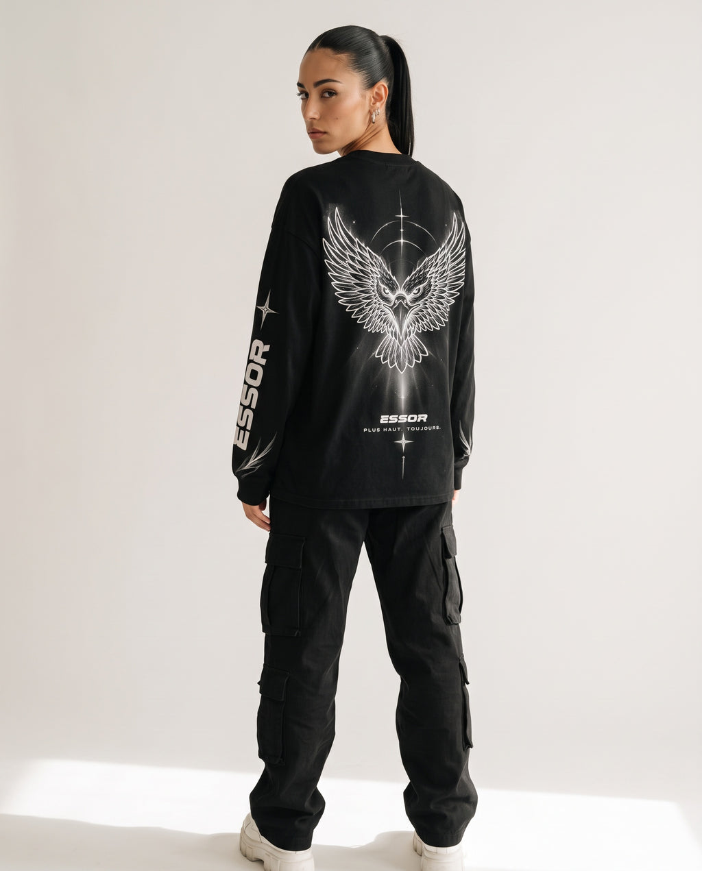 Langarmshirt «Envol», Schwarz, Damen-Model, von hinten