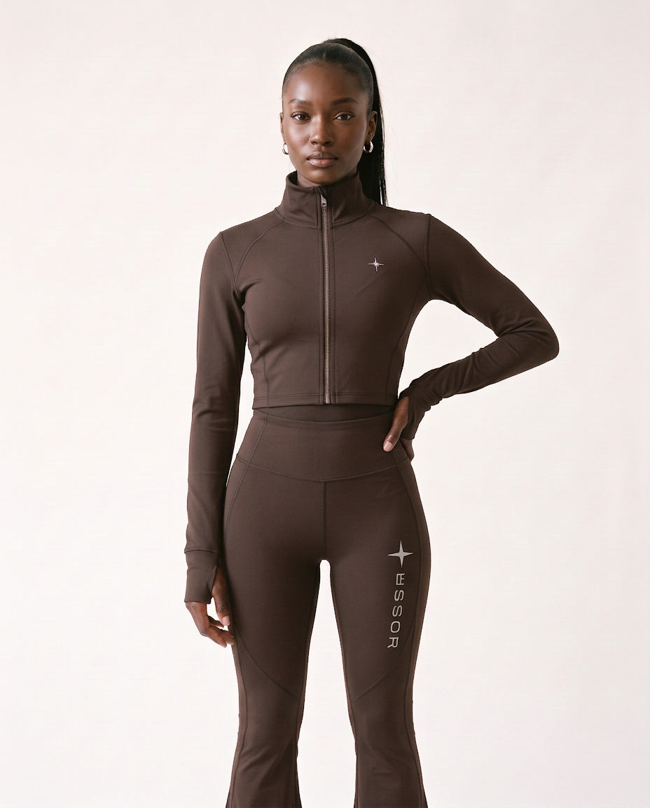 Stehkragen-Top «Élégance», Taupe, Damen-Model, von vorne