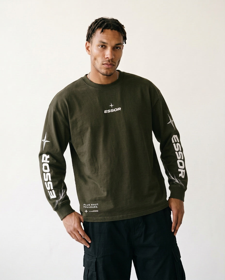 Langarmshirt «Envol», Olivgrün, Herren-Model, von vorne