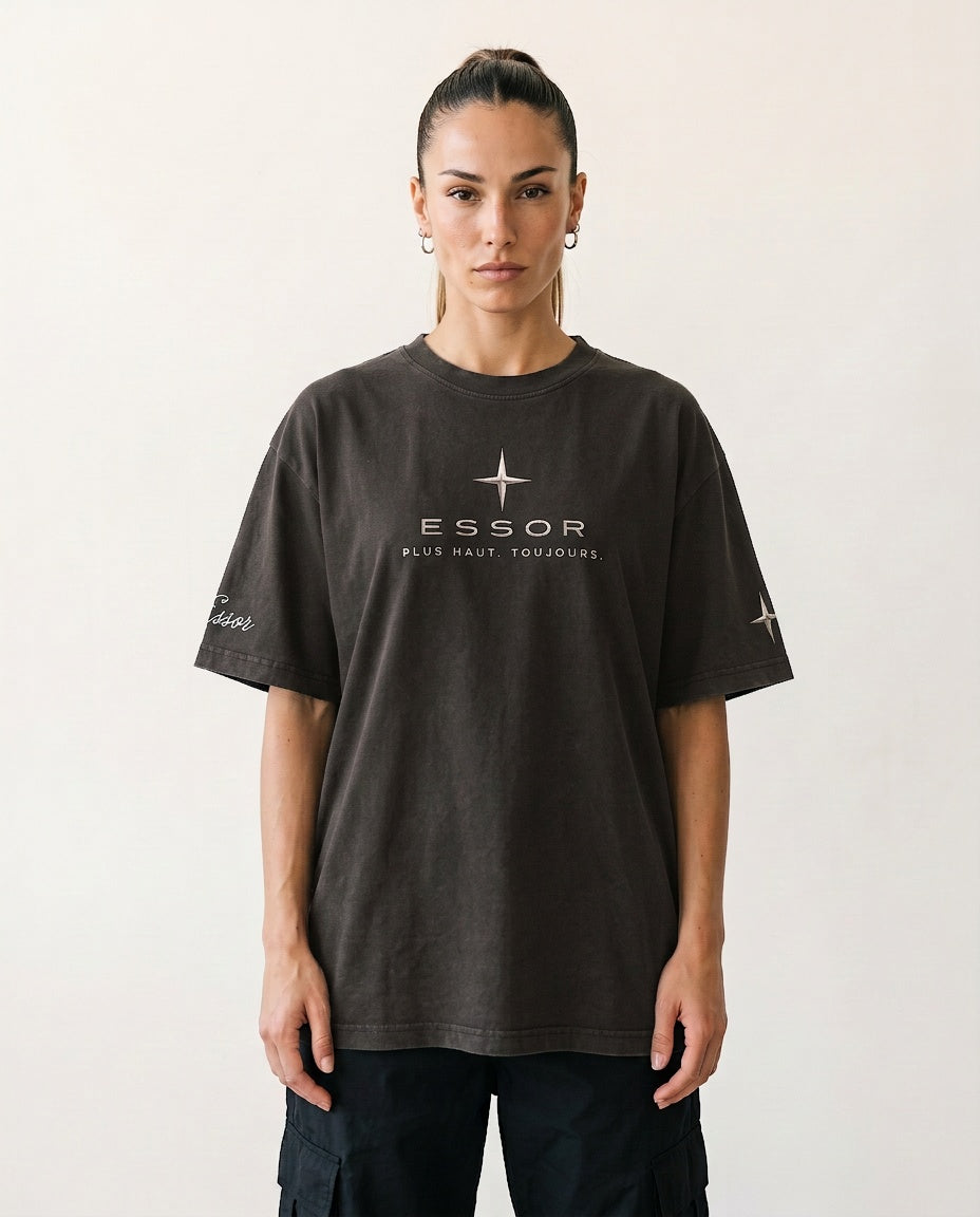 T-Shirt «Script», Dunkelgrau, Damen-Model, von vorne